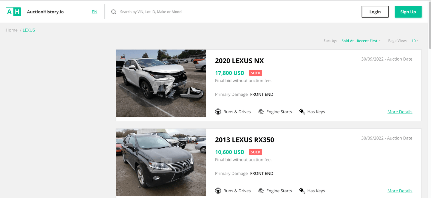 AuctionHistory.io Vehicle History Lot - VINcut